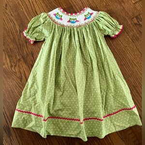 2T Green Polka Dot Owl Smocked Dress
